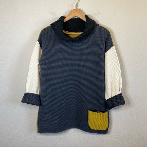 Color Block Navy Blue Cream Golden Yellow Cotton Knit Turtleneck Sweater Sz LG - Picture 1 of 8